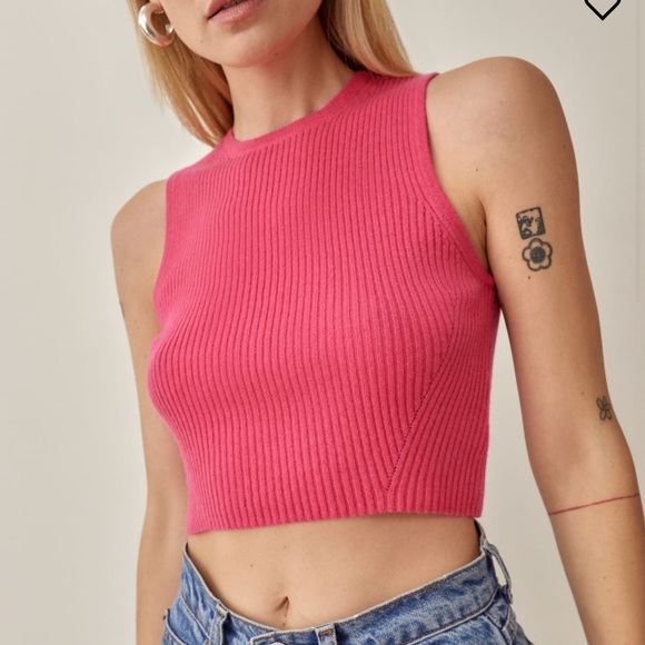 Like New Reformation Benedetta Flamingo Pink Ribbed Cashmere Cropped Tank - Picture 8 of 12